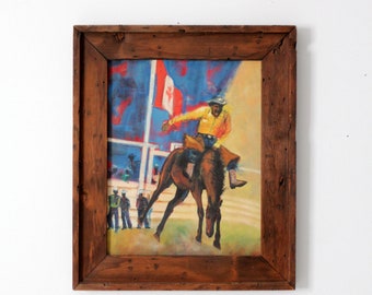 vintage rodeo oil painting, western cowboy framed artwork