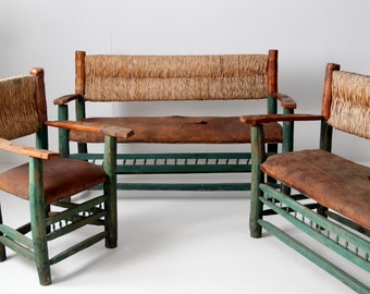 vintage hacienda chair and couch set, rustic rush and leather furniture