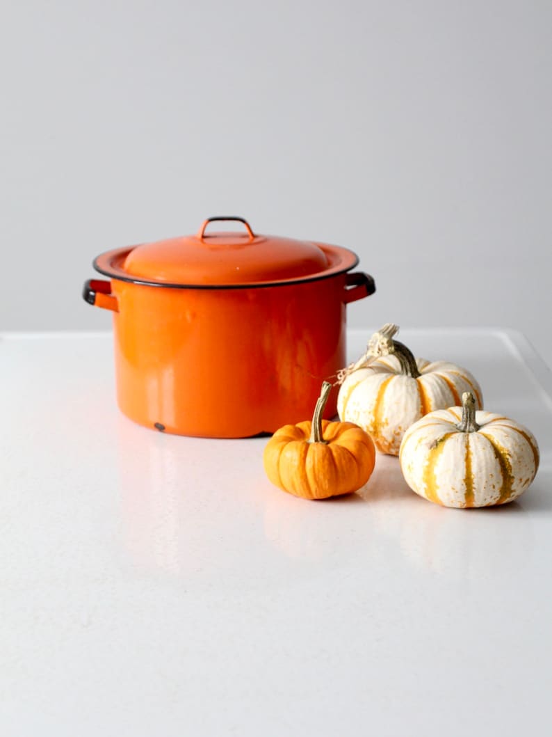 mid-century orange enamelware pot image 1