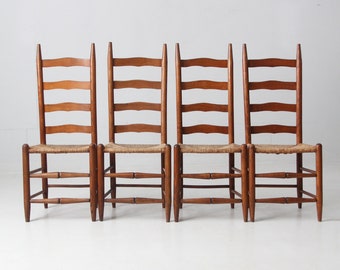 vintage ladder back chairs with rush seat, set of 4 dining chairs