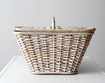 vintage white woven covered basket