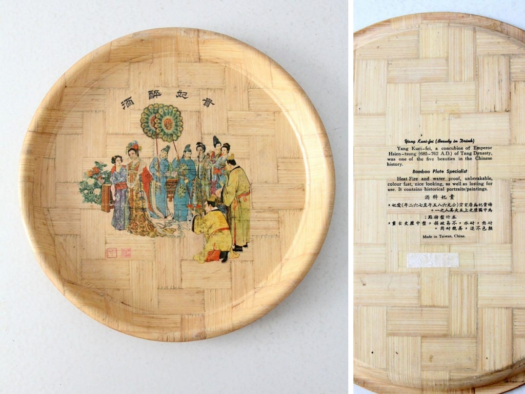 ヴィンテージの中国製竹皿コレクション、歴史を描いた絵皿6枚セット