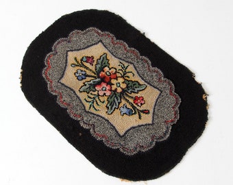 antique hooked rug, floral floor mat
