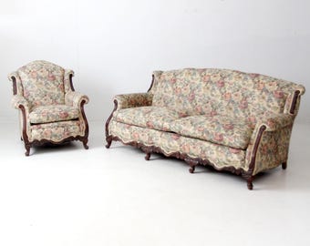 antique French Provincial floral sofa and armchair set
