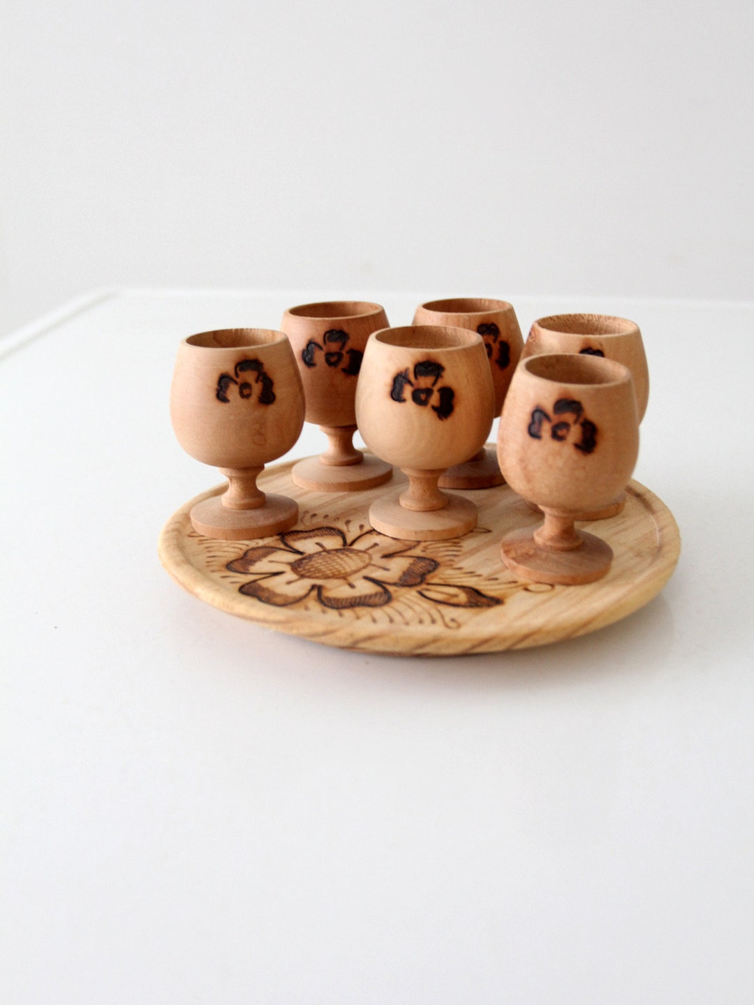 Vintage Folk Art Wooden Cordial Cups With Tray Set - Etsy