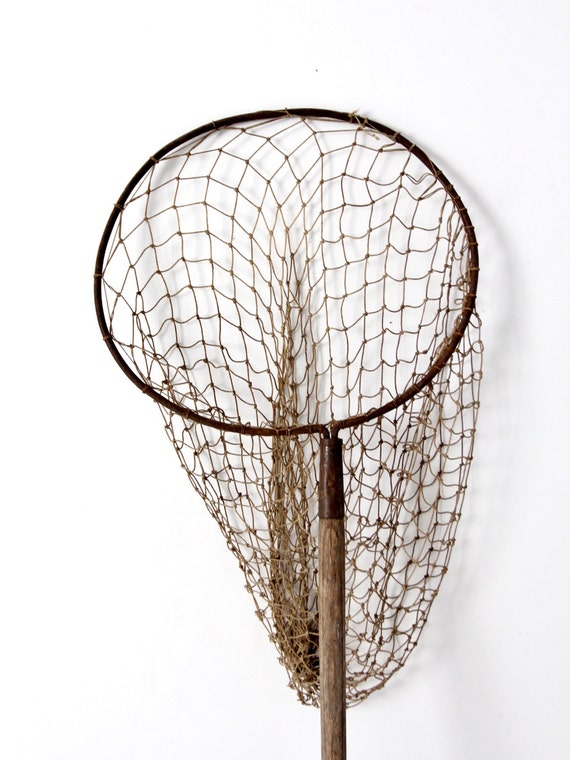 Antique Fish Net on Pole, Large Hand Held Fishing Net 