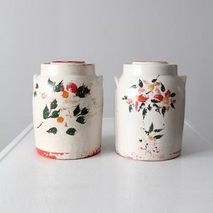 vintage stoneware cookie jars set/2 ⎮ painted floral jars
