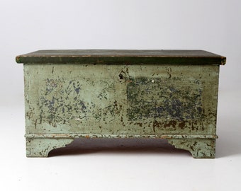 antique green flat top wooden trunk