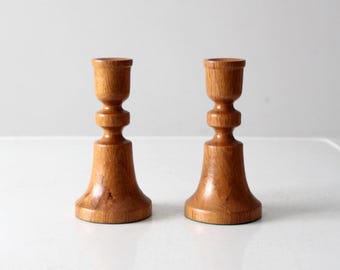 vintage handmade wooden candlestick holders pair