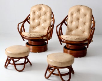 mid-century rattan swivel chair set/2 with ottomans