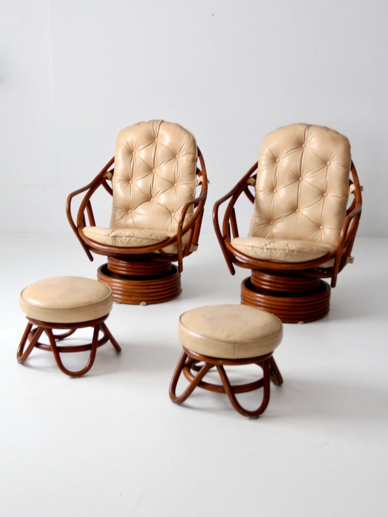 Midcentury Rattan Swivel Chair Set/2 With Ottomans Etsy