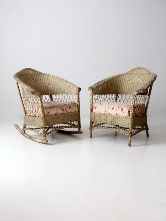 Antique Wicker Chair and Rocker With Cushion Seats Etsy UK