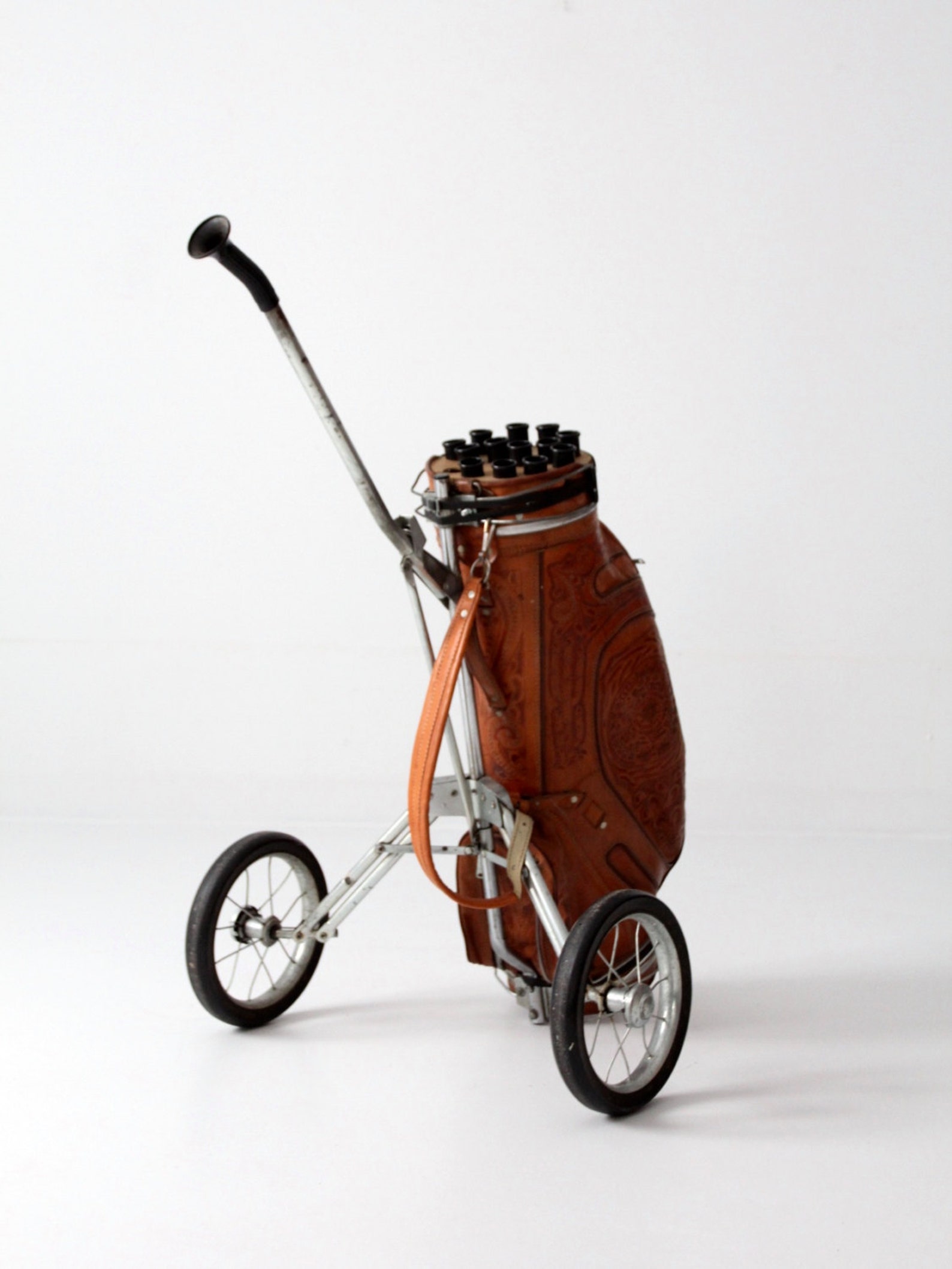 Vintage tooled leather golf club bag with cart Etsy