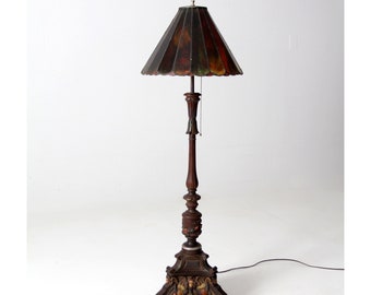 antique carved wood floor lamp with stained glass shade