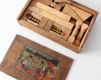 Victorian toy blocks, antique building blocks toy with box