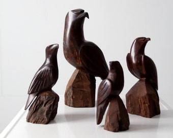 vintage wood eagle collection, carved wooden bird sculptures