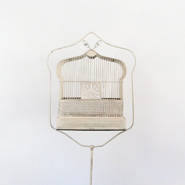 Antique Birdcage with Stand // 1920s White Bird Cage