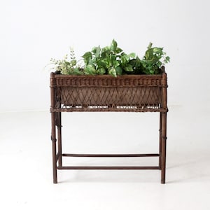 antique wicker planter, woven plant stand