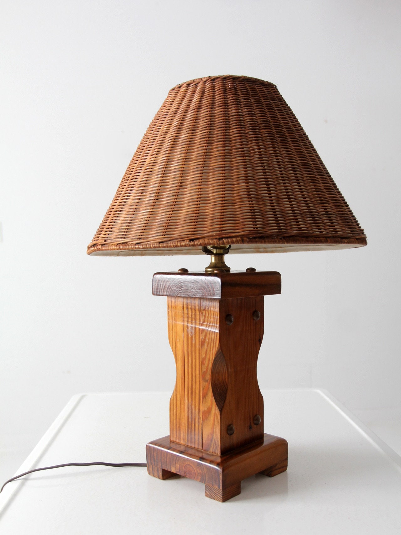 Vintage Wooden Lamp With Wicker Shade - Etsy