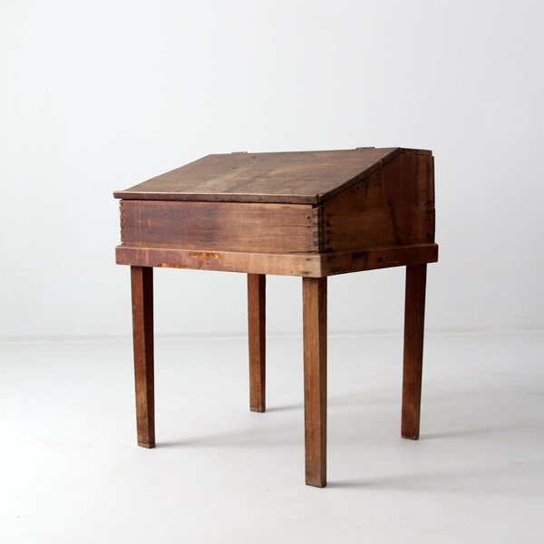 antique slant top desk, wood clerk or writing desk