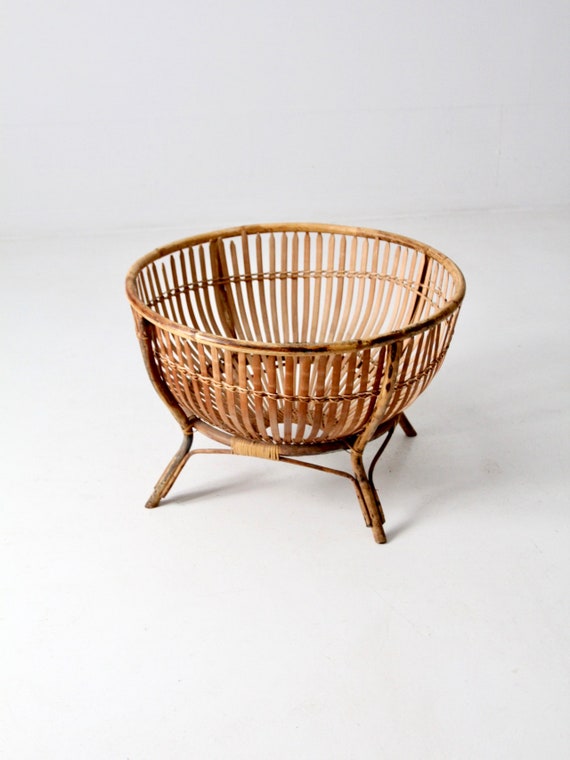 Mid Century Rattan Basket On Stand Etsy