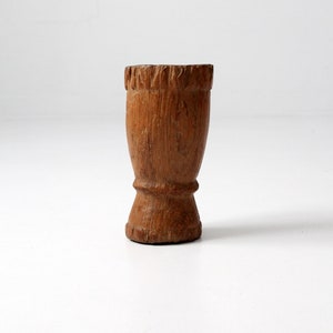 antique wood mortar, rustic wood vase, wooden vessel