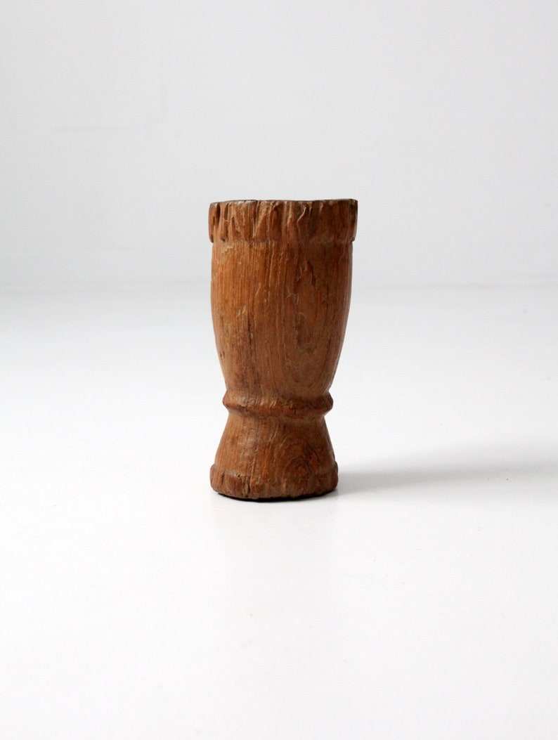 antique wood mortar, rustic wood vase, wooden vessel image 1