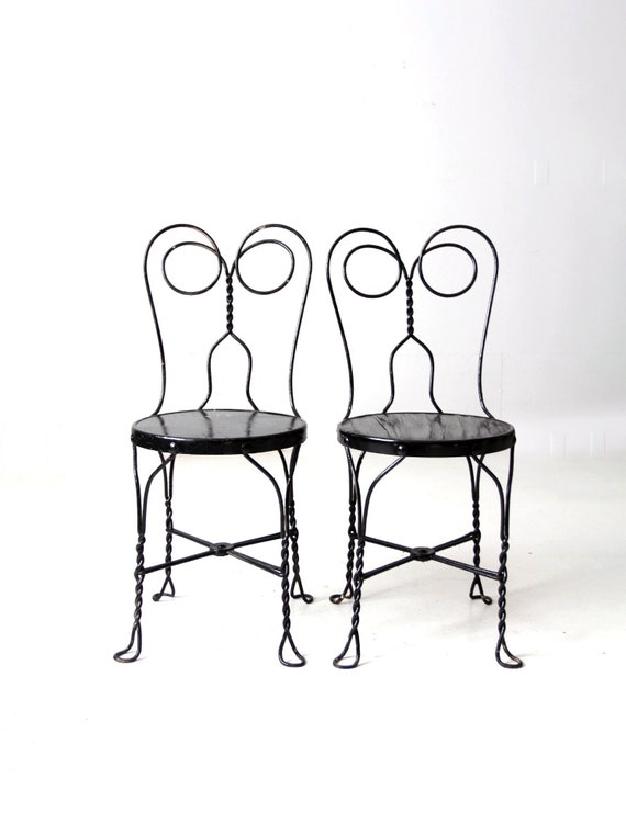 Pair Vintage Ice Cream Parlor Chairs Black Iron Cafe Bistro