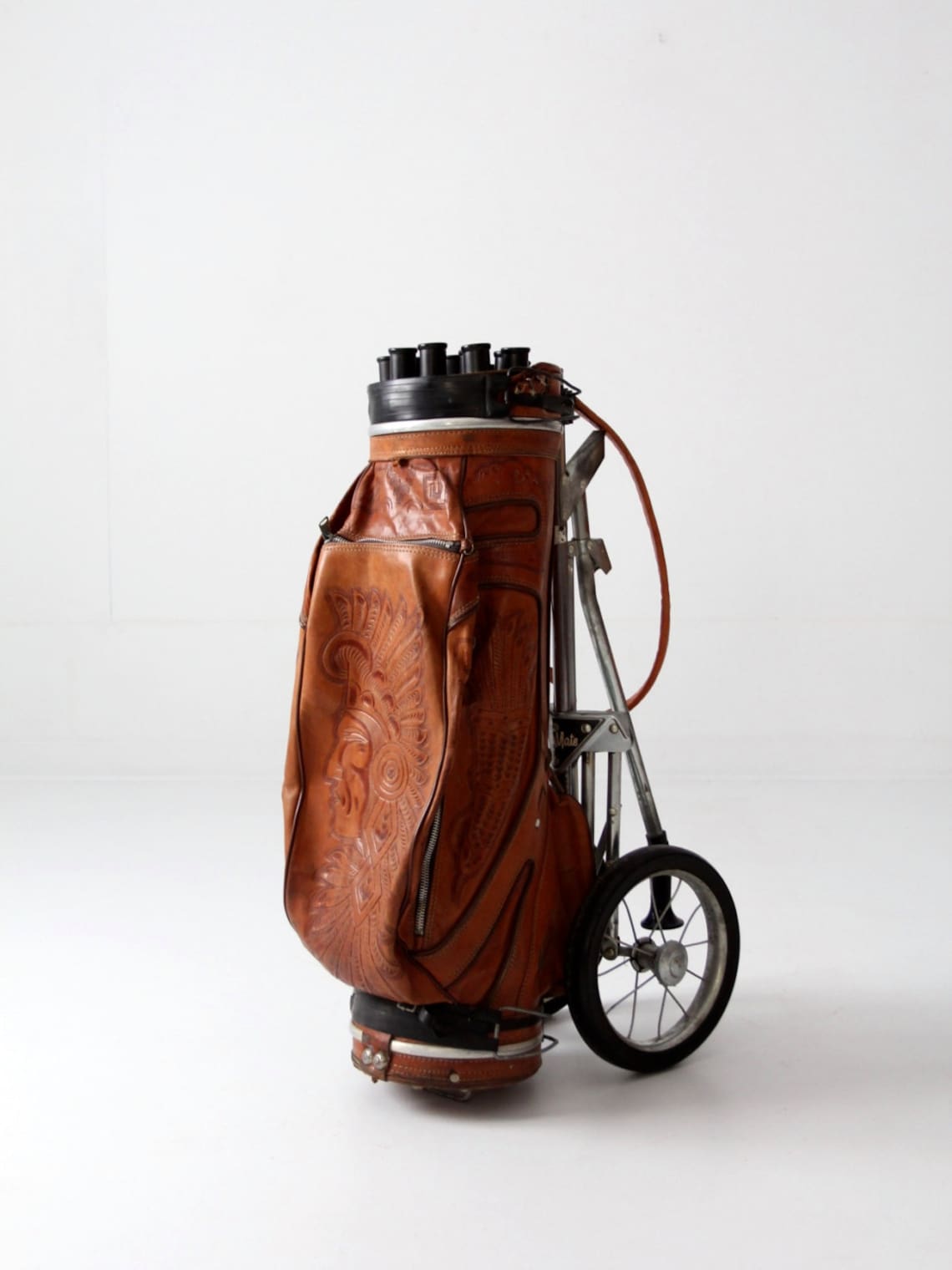 Vintage tooled leather golf club bag with cart Etsy