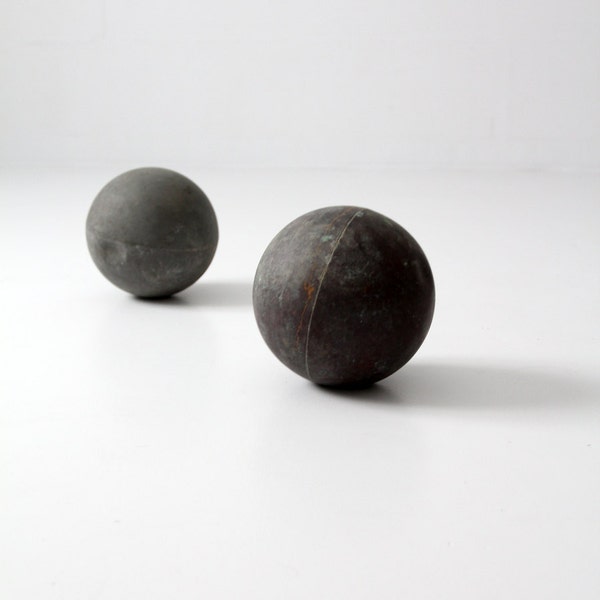 antique copper floats, nautical ball pair