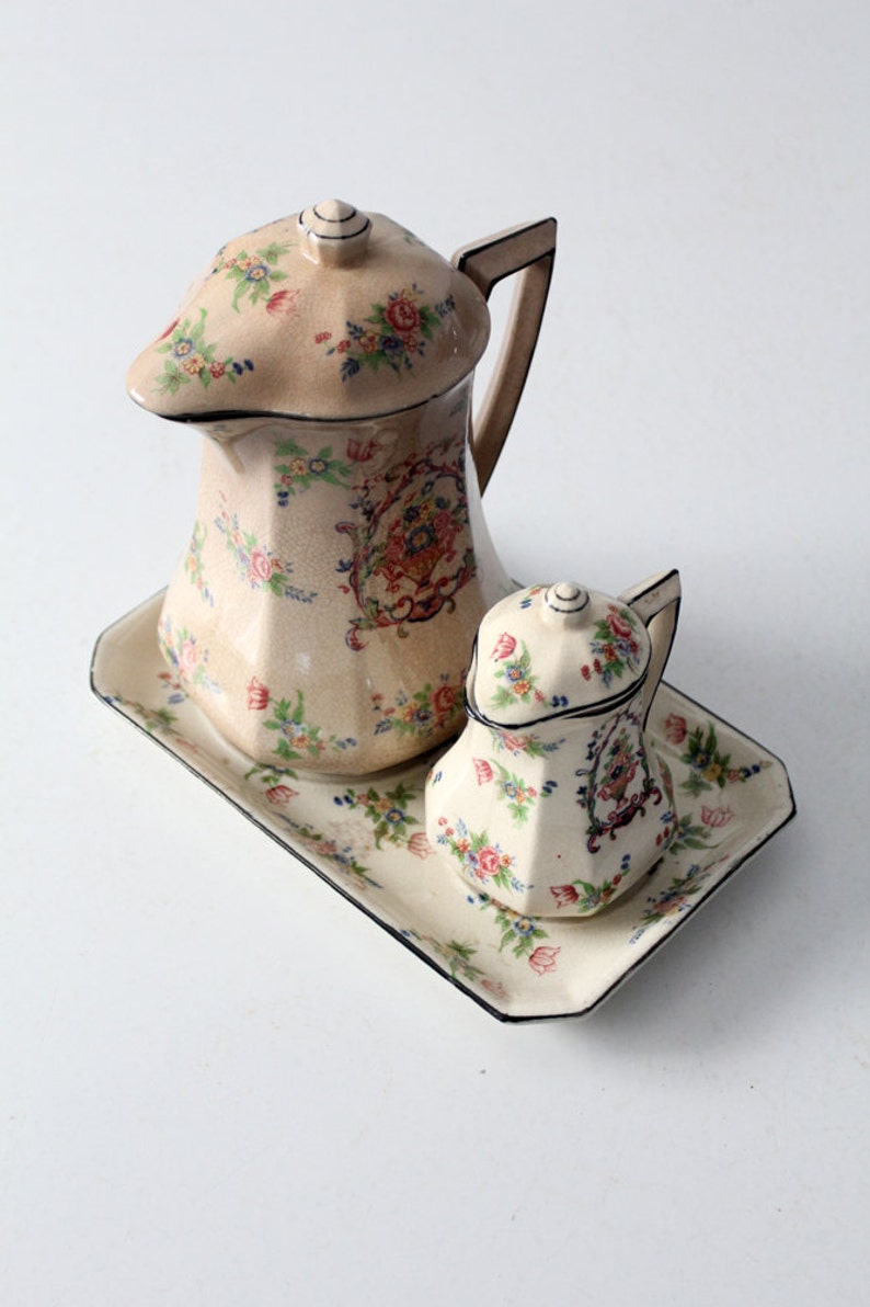 floral teapot set, pre-1950s Japanese porcelain tea pot, creamer and tray by Tashiro Shoten image 3