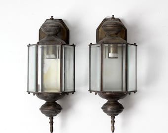 vintage outdoor wall lantern sconces pair | Colonial Revival glass exterior lights