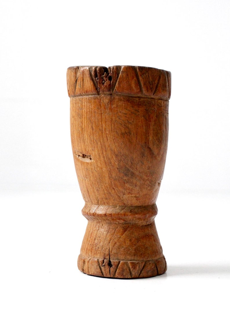 antique wood mortar, rustic wood vase, wooden vessel image 4