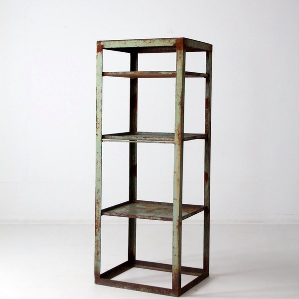 RESERVE ---  vintage industrial shelf, large green metal shelving rack