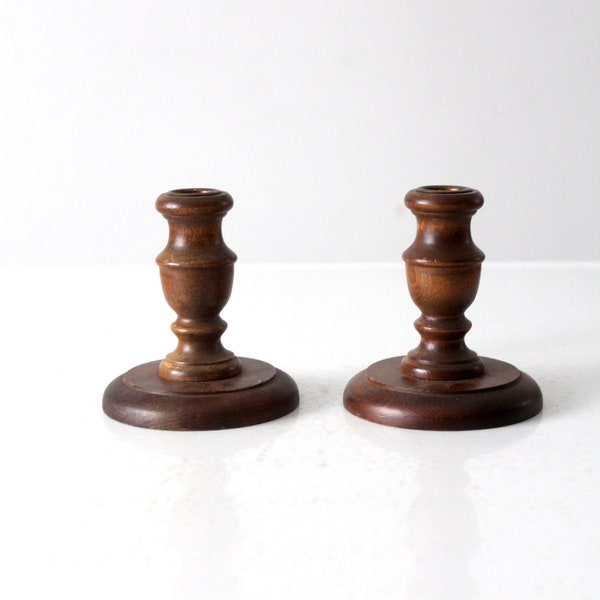 vintage wooden candle holders pair