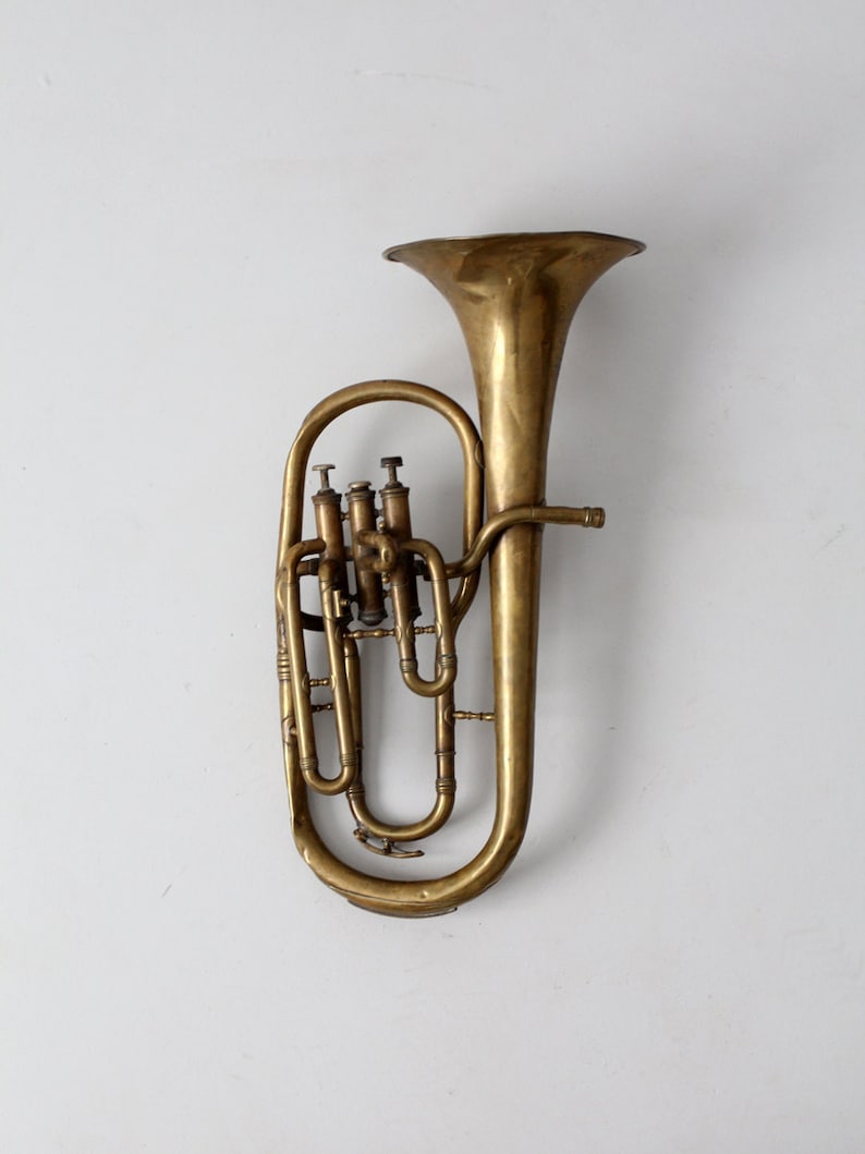 vintage brass horn, baritone musical instrument image 1