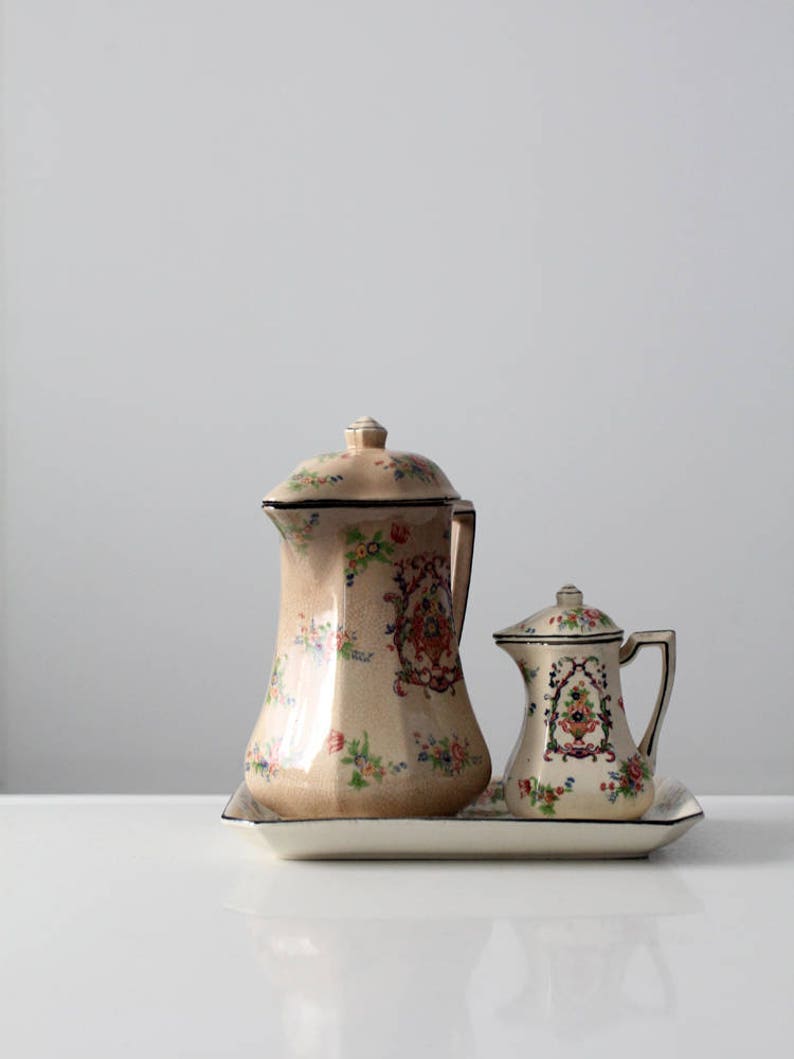 floral teapot set, pre-1950s Japanese porcelain tea pot, creamer and tray by Tashiro Shoten image 8