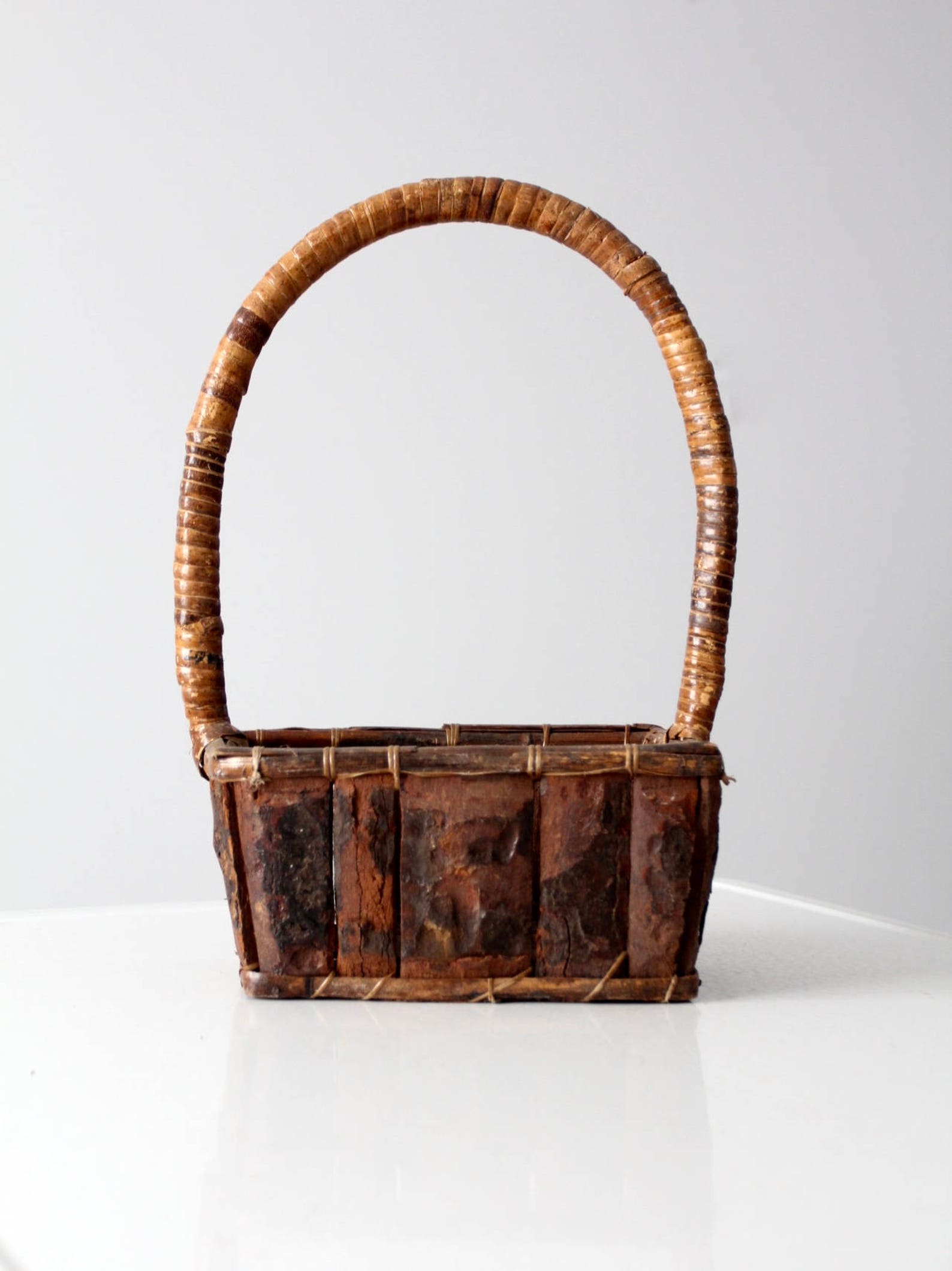 Rustic Wood Handle Basket Vintage Gathering Bark Basket Etsy