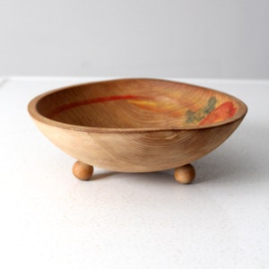 vintage hand-painted footed wood bowl image 4