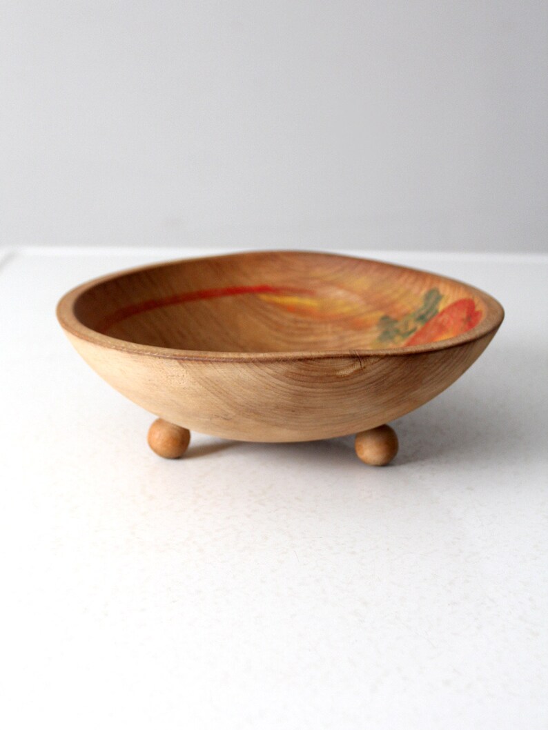 vintage hand-painted footed wood bowl image 4