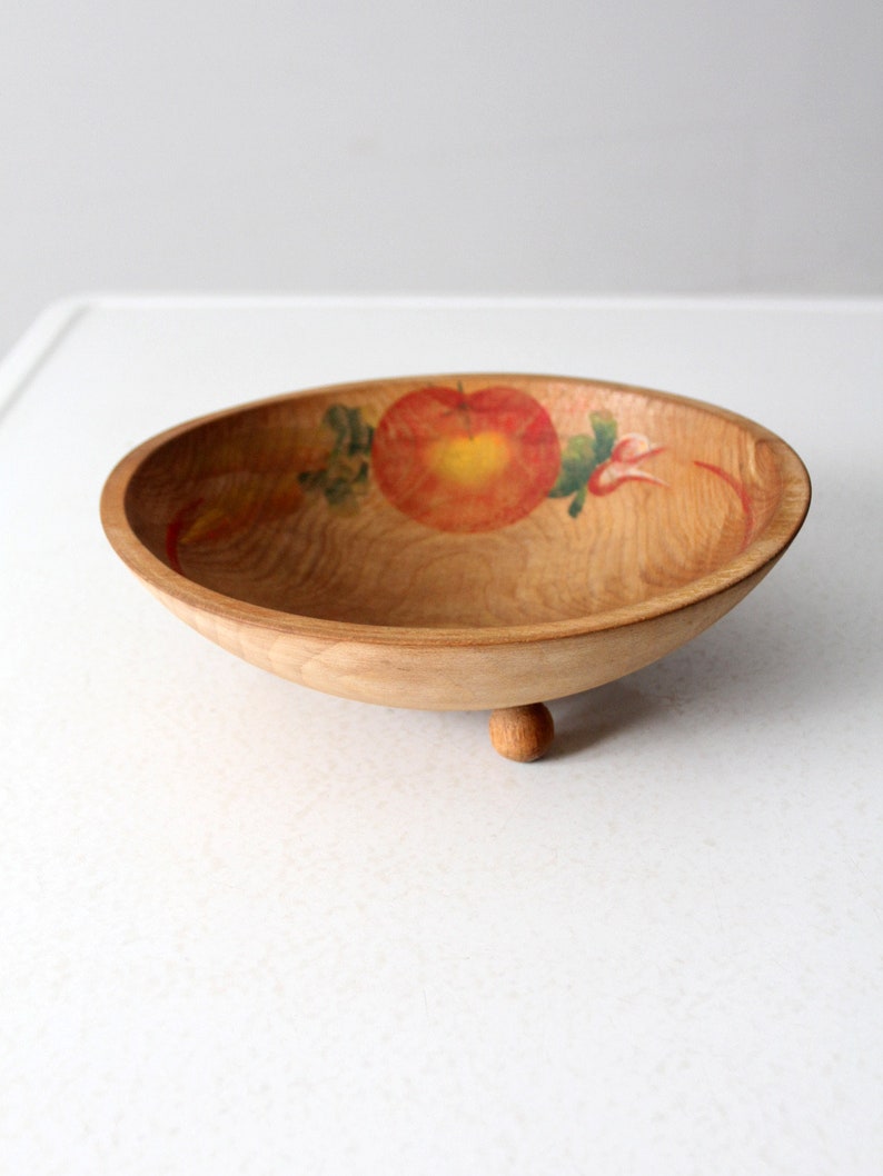 vintage hand-painted footed wood bowl image 10