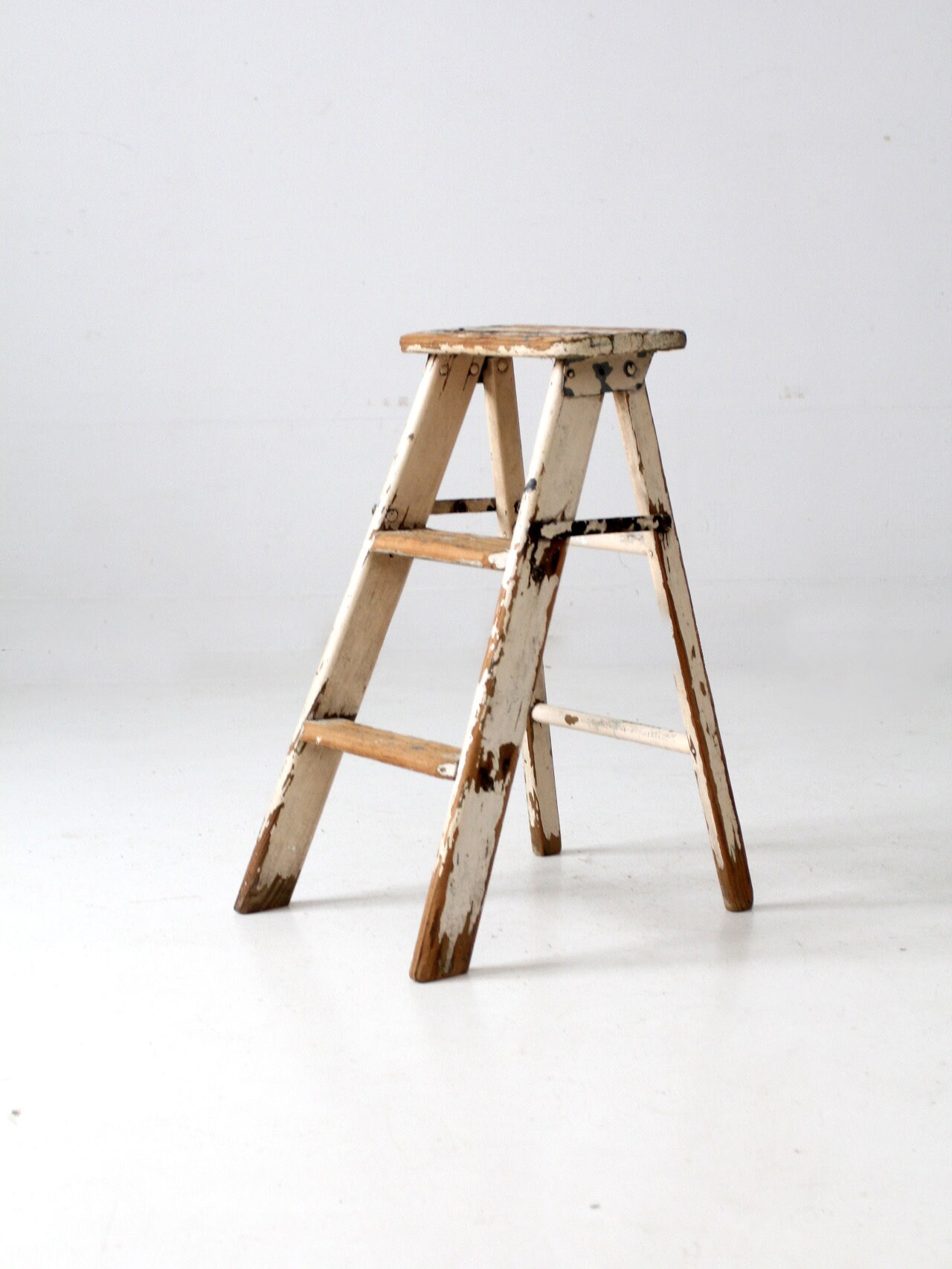 Vintage . Wood Ladder Painted Green Step Ladder Chippy Paint Splatter