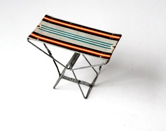 striped camp stool, vintage metal frame camping stool
