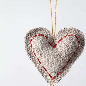 Heart Ornament, homespun linen and denim image 1