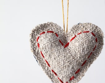 Heart Ornament, homespun linen and denim