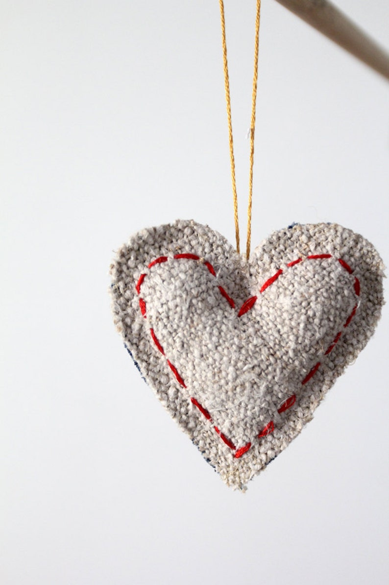 Heart Ornament, homespun linen and denim image 1