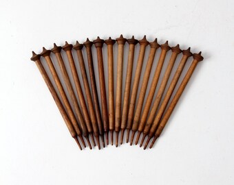 Vintage Set of 6 Wooden Spinning Needles, Antique Knitting Needles
