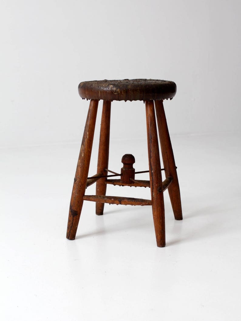 Antique Primitive Wooden Stool Milking Stool With Wire Stretcher
