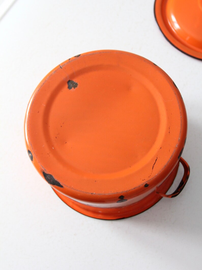 mid-century orange enamelware pot image 7