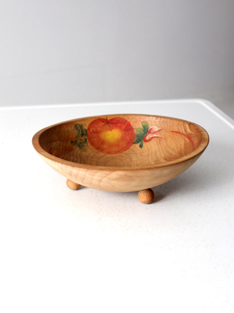 vintage hand-painted footed wood bowl image 1